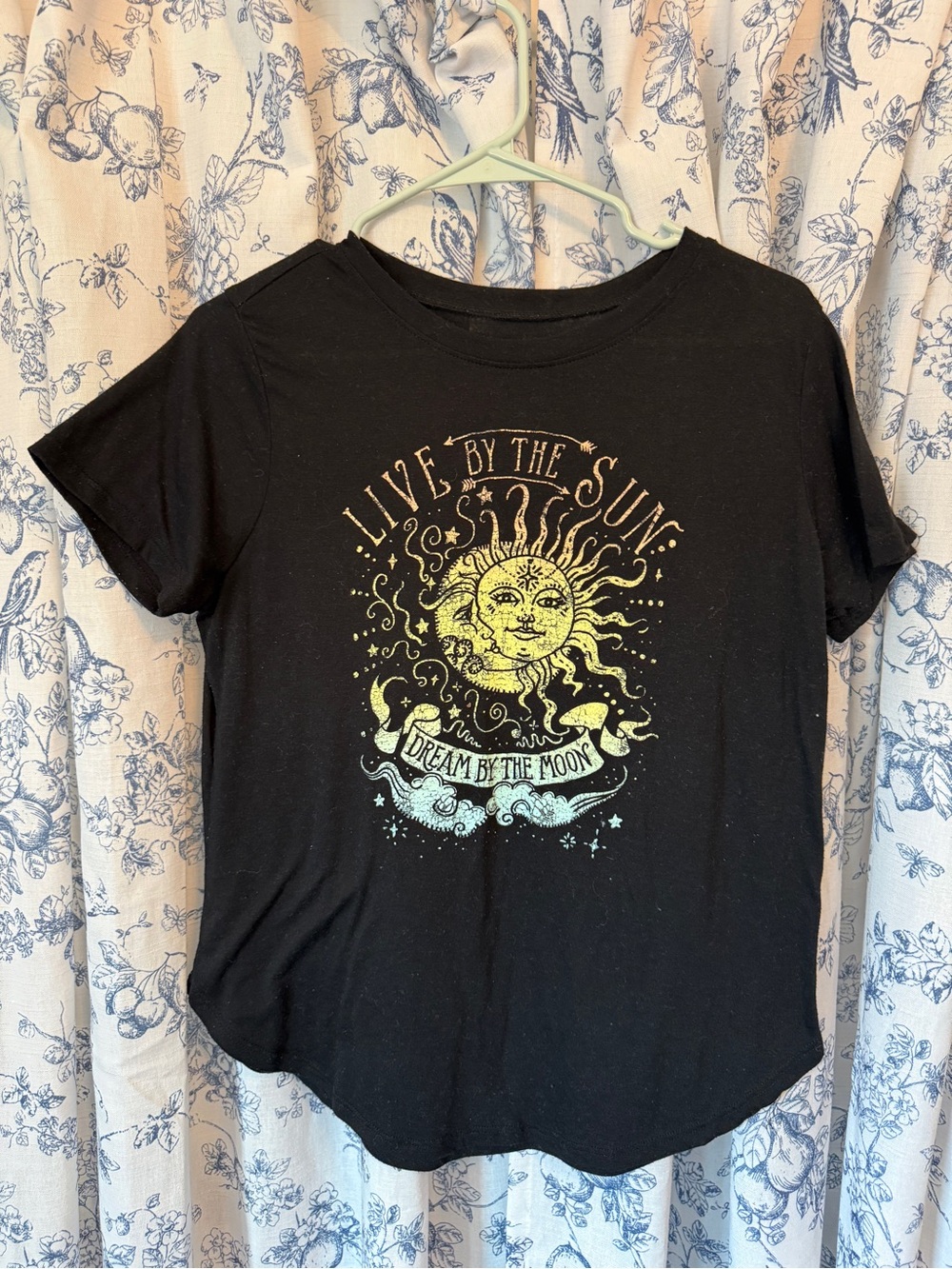 Modern Lux Black Short Sleeve Tee with Yellow-Green Sun & Blue Moon Graphic